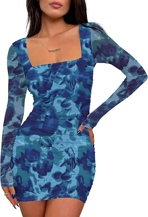 Prinbara Womens Mesh Long Sleeve Square Neck Ruched Mini Dress Sexy Bodycon Elegant Cocktail Even... | Amazon (US)