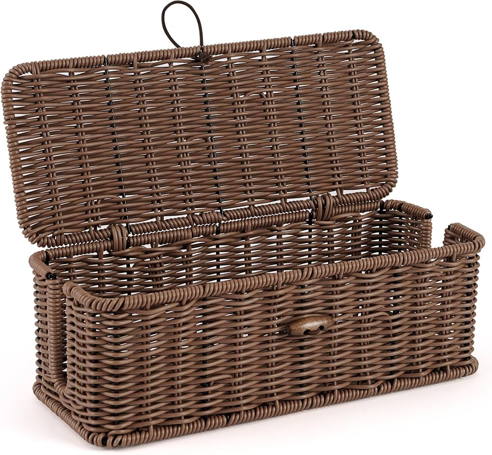 Cable Management Box, Handwoven Faux Rattan Cord Organizer Box with Lid, 2 Open Slots Cable Organ... | Amazon (US)