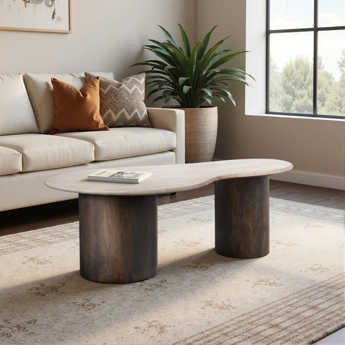 Latitude Run® Modern Coffee Table with Travertine Stone Top and Mango Wood Base Glam Accent for ... | Wayfair North America