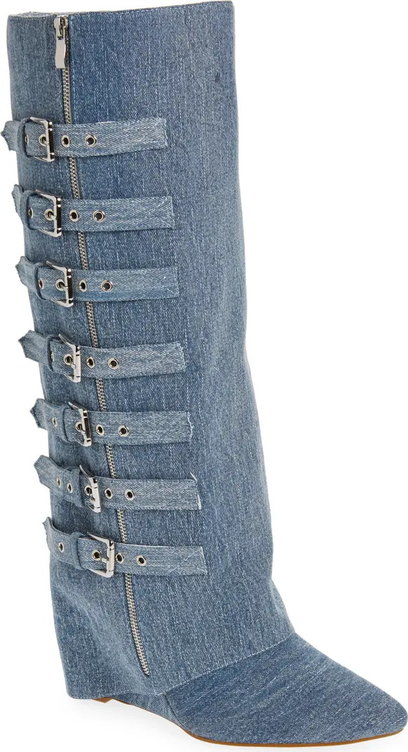 Risna Belted Foldover Denim Pointed Toe Boot (Women) | Nordstrom