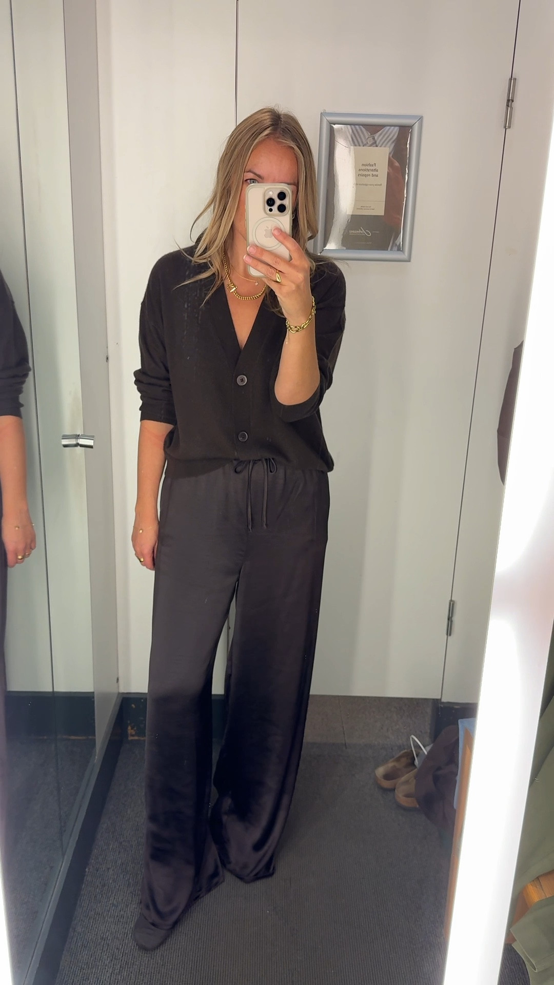 And here’s the chocolate brown cashmere cardigan 
Wearing a U.K. 16 

In the the satin trousers these are the 14 long - just catching on my hip and too long. 
The 16 regular is better for me and I can draw the waist in. 

This could be dresses down with a suede trainer or worn with some kitten heels for an evening event. 
Adding some jewellery and a wool coat - perfect coat recommended below - dripping in chocolate! 

#LTKautumn #LTKdatenight