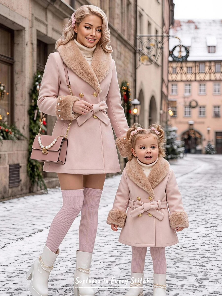 Cozy Pixies Baby Girl Baby Girls Young Girls Autumn/Winter Versatile Fashion Wool Blend Patchwork Fuzzy Faux Fur Collar Mid-Length Belted Coat, Thermal Lined Wool Coat, Autumn/Winter Coat Jacket | SHEIN