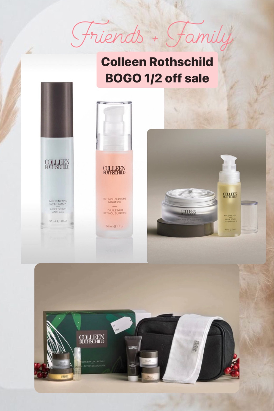 Friends + Family BOGO sale! Whether youre looking for high quality skincare or already use her products, this is the time to buy. I love the discovery sets and collections to either sample products or use for travel. But my top two recommendations for over 40 would be the retinol night oil and the age renewal super serum. #skincareover50 #skincare @colleenrothschild 

#LTKsalealert #LTKbeauty #LTKover40