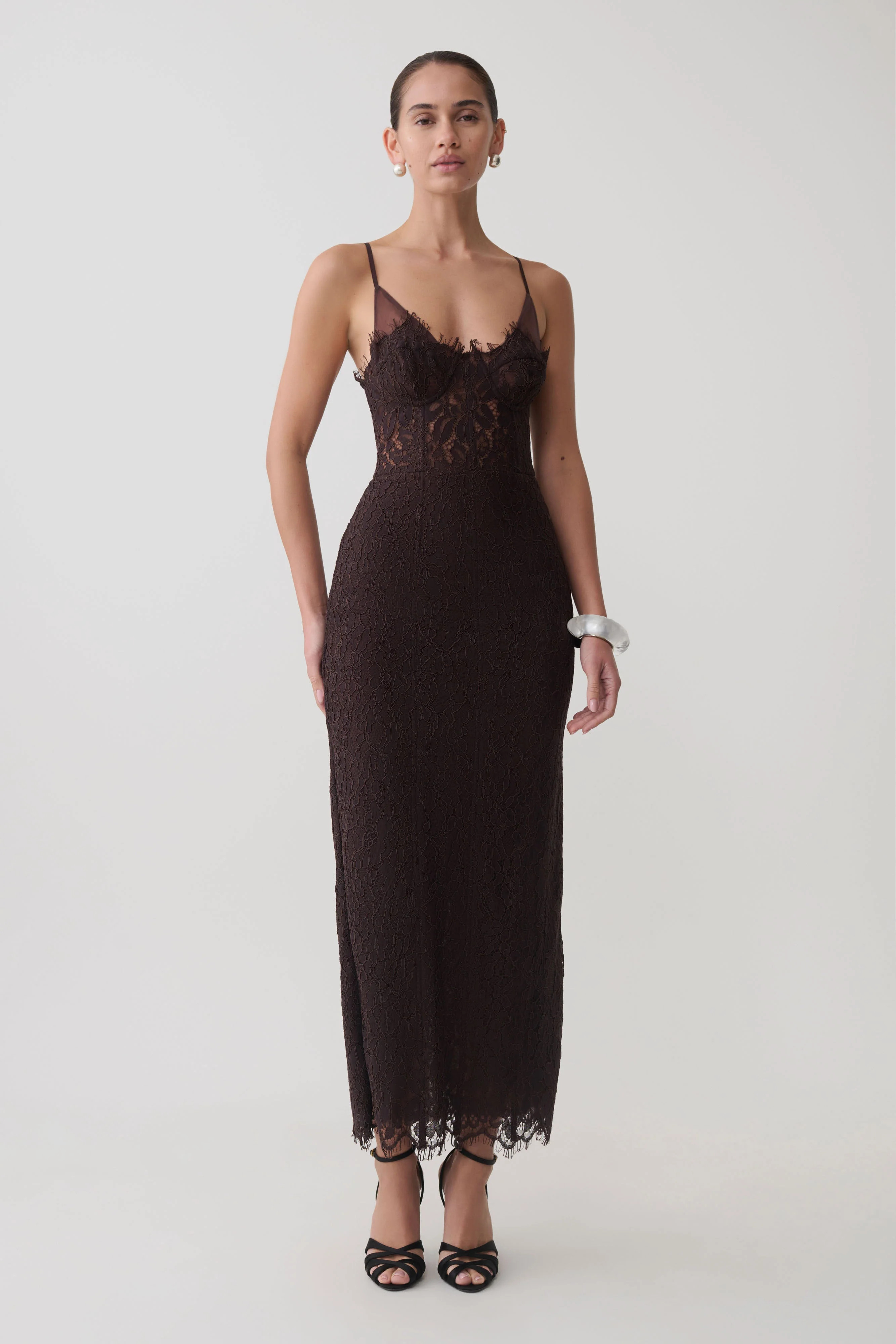 Ottilie Lace And Mesh Midi Dress - Dark Chocolate | MESHKI US