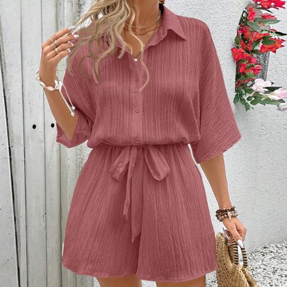 Women's Solid Color Front Button Short Sleeve Shirt Collar Simple Casual Jumpsuit | SHEIN