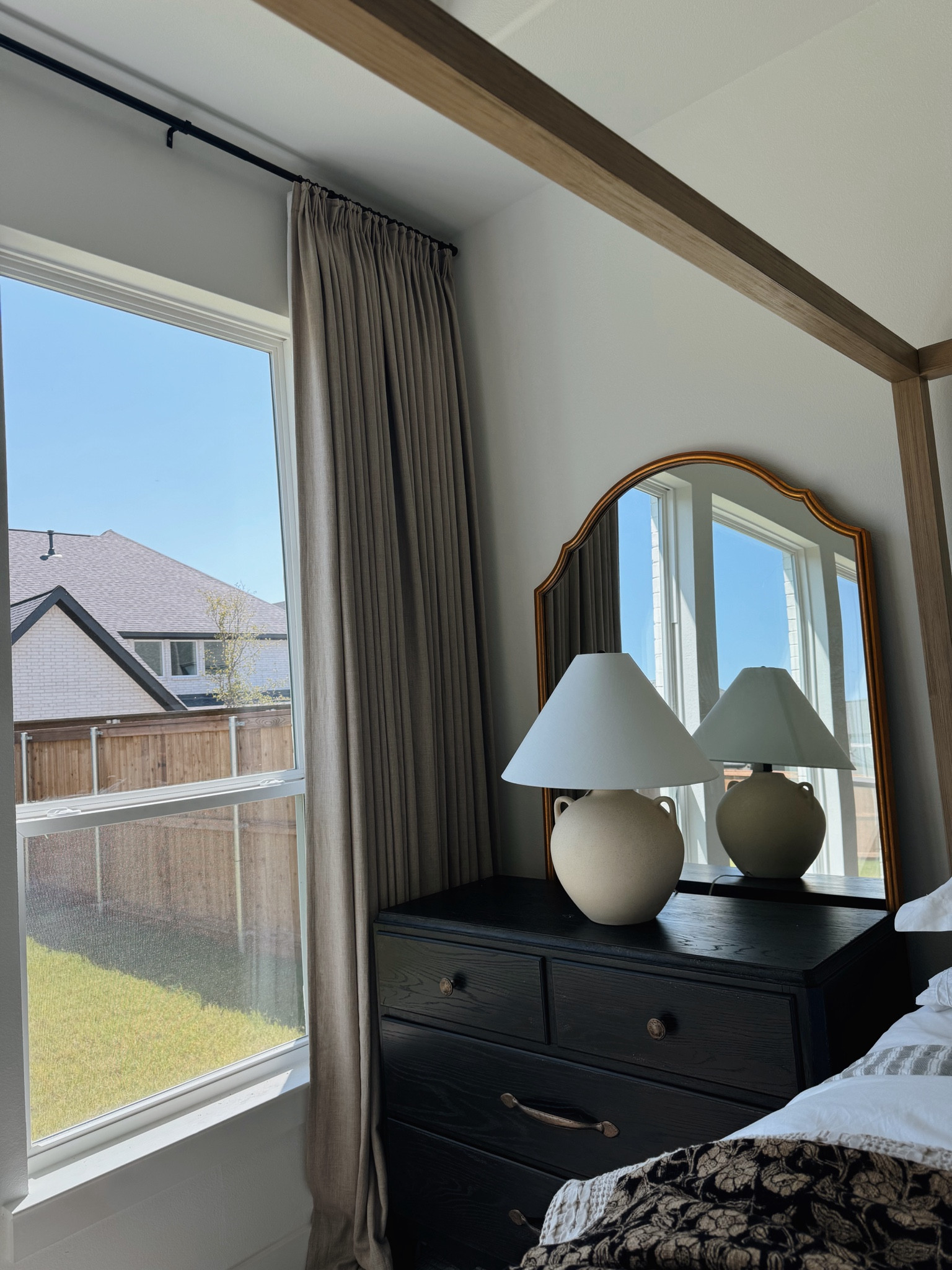 TWO PAGES DRAPES: 
Burylwood Burch, Triple Pleat, 90-95% black out, memory trained. 

Stacked drapes formula: 
Window width X 1.5-2
Measure Edge of window frame to end of rod X 2

Subtract the two measurements

Divide by # of panels needed 


Drapes | home decor | bedroom decor | cozy bedroom | bedroom ideas | bedroom decor ideas 