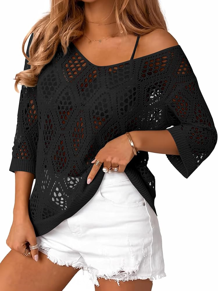 LOMON Womens 3/4 Sleeve Crochet Tops Off Shoulder Hollow Out Sweater V Neck Casual Loose Fit Beac... | Amazon (US)