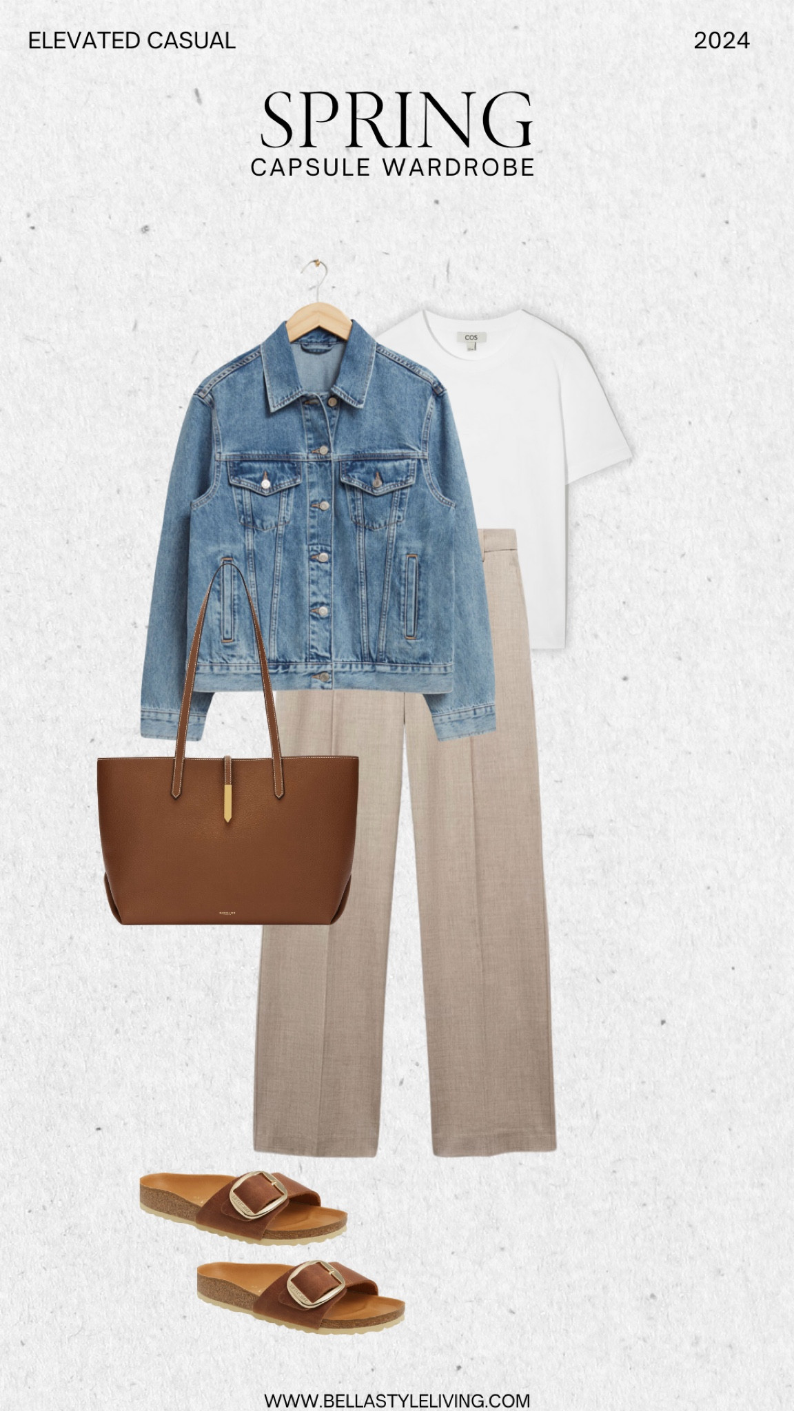 Casual spring capsule wardrobe outfit idea. Pair light trousers with a white tea and denim jacket with Birkenstock slides.

#LTKshoecrush #LTKfindsunder100 #LTKstyletip