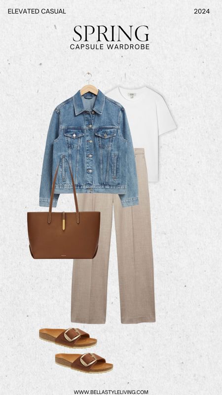 Casual spring capsule wardrobe outfit idea. Pair light trousers with a white tea and denim jacket with Birkenstock slides.

#LTKshoecrush #LTKfindsunder100 #LTKstyletip