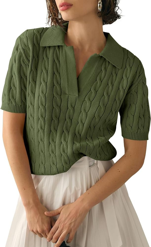 Imily Bela Women's Cable Short Sleeve Sweaters Tops Solid Lapel V Neck Knit Casual Soft Pullover ... | Amazon (US)