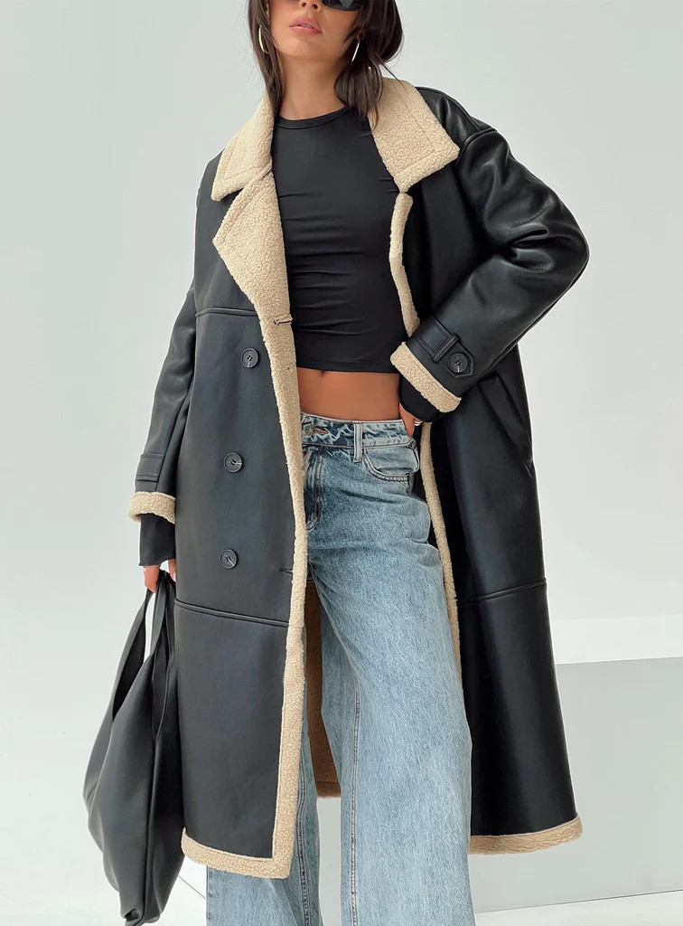 Day 'n' Night Longline Shearling Coat Black | Princess Polly US