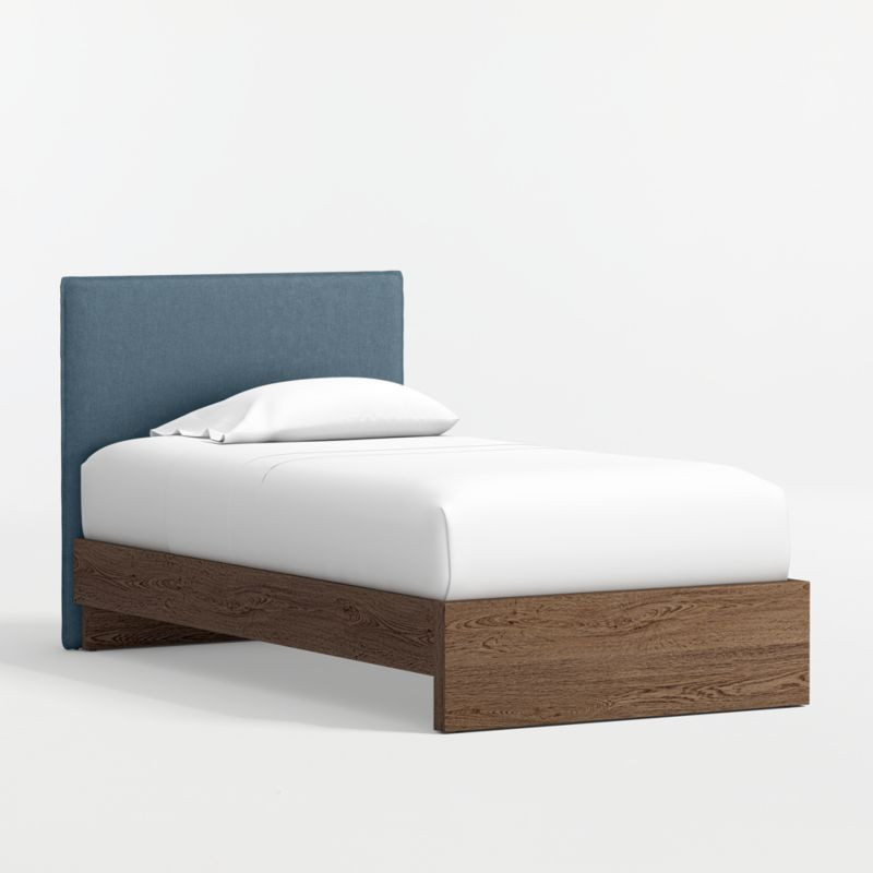 Noa Denim Blue Upholstered Flange Kids Twin Headboard with Deep Brown Wood Base + Reviews | Crate... | Crate & Barrel