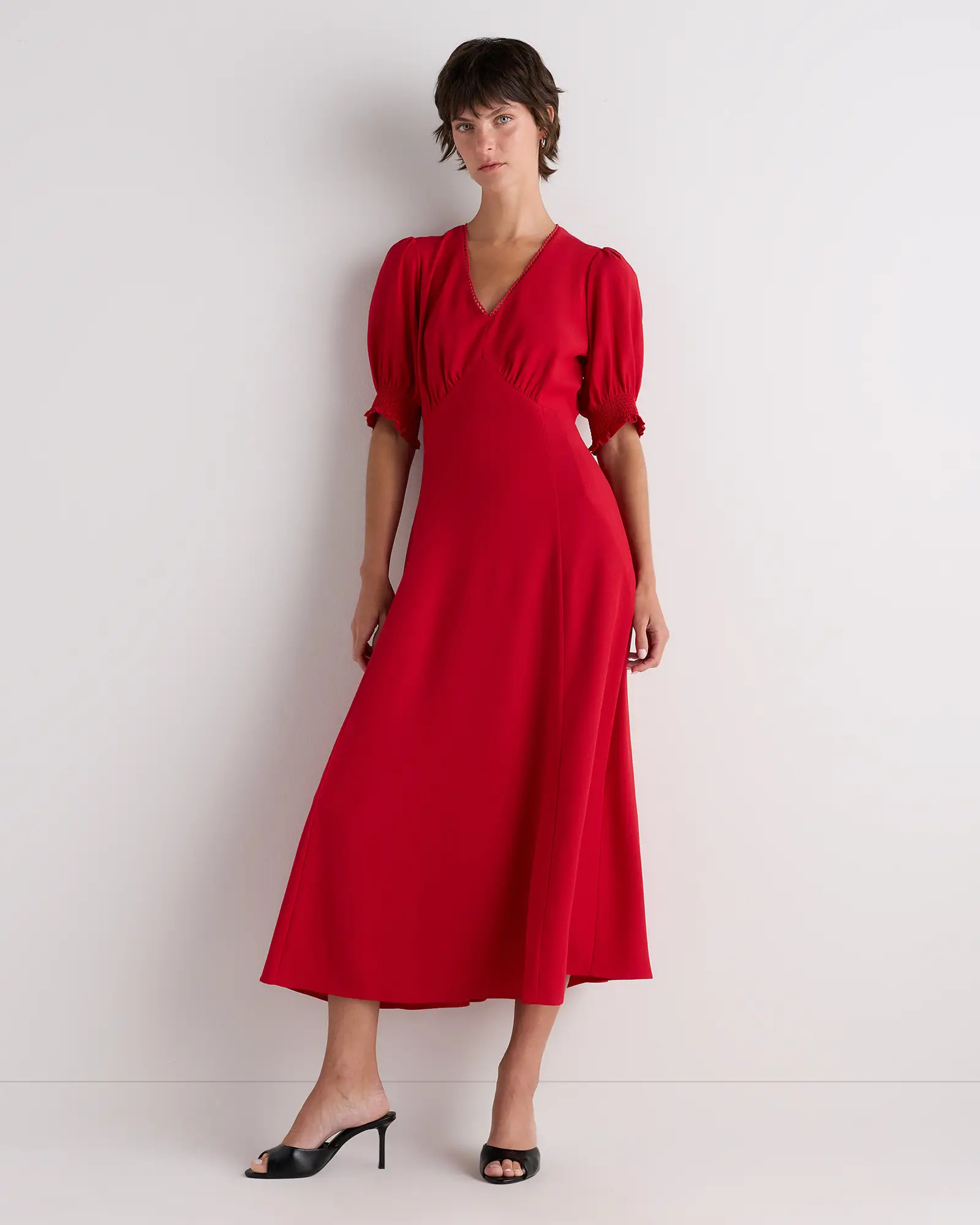 Matte Crepe Puff Sleeve Midi Dress | Quince
