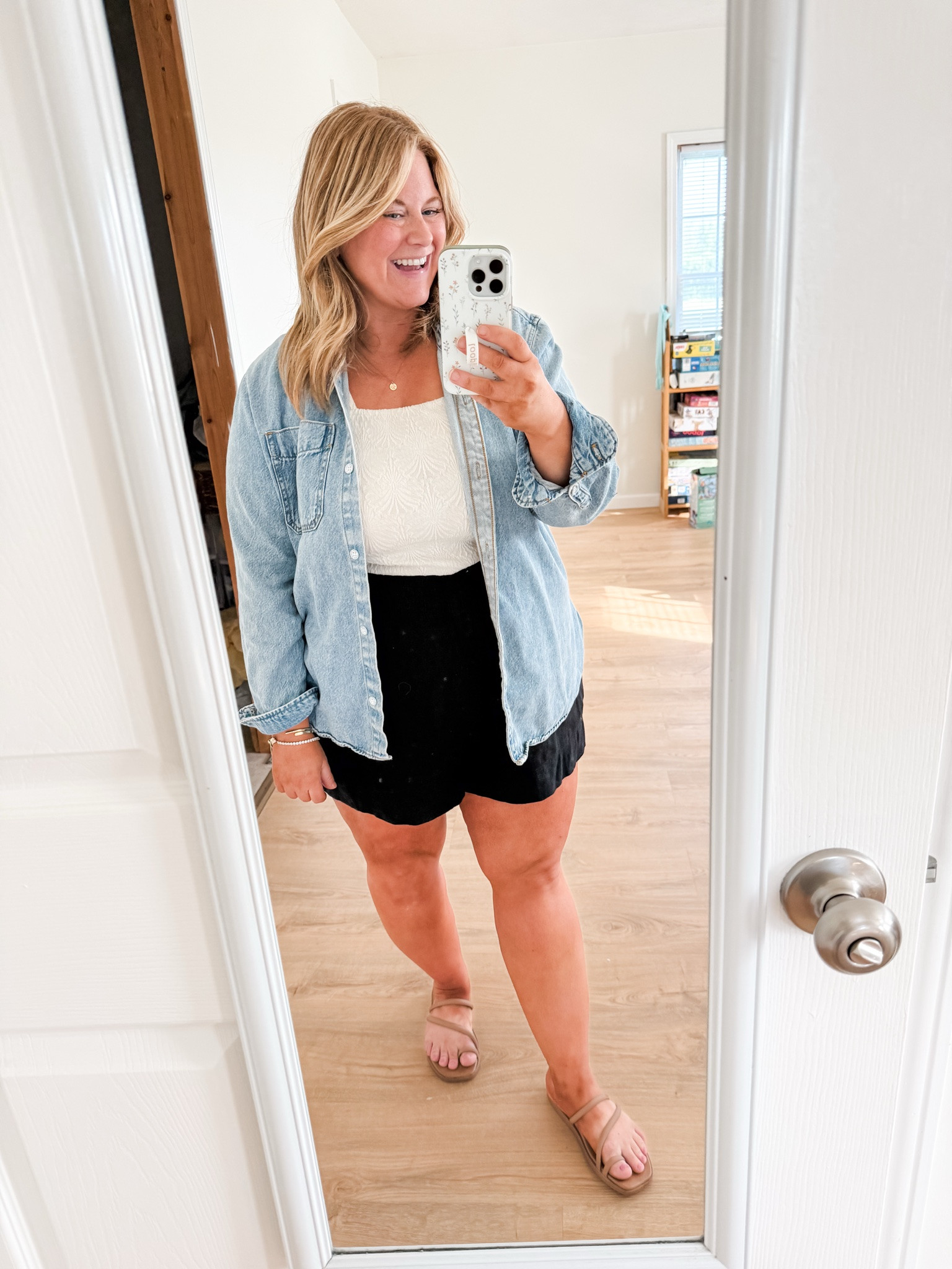 Wearing a large in my textured tank and an Xxl in my shorts.  Denim shirt is older and linked similar. Crocs sandals fit TTS. 

Postpartum outfits

#LTKBump #LTKmomlife #LTKMidsize