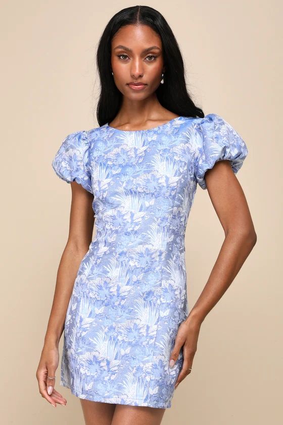 Exceptional Icon Blue Floral Jacquard Puff Sleeve Mini Dress | Lulus