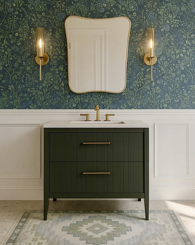 Beautiful half bathroom inspiration! I love the curvy mirror, the brass wall sconces and the gorgeous green vanity. The whimsical wallpaper is from Wayfair! #bathroom #homedecor #moodboard

#LTKHome #LTKFamily #LTKStyleTip