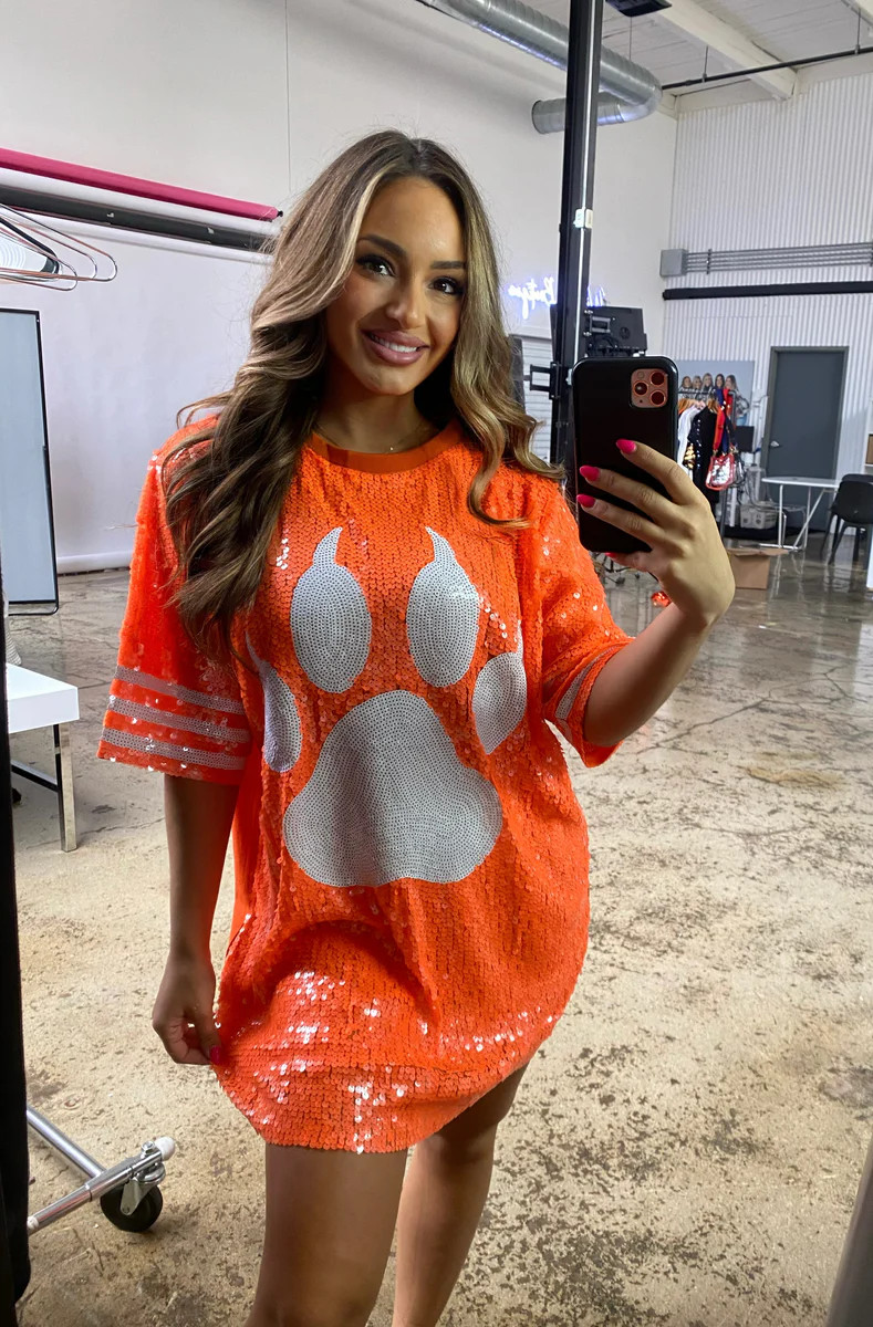 Orange Sequin Paw Game Day T Shirt Dress | Willow Boutique