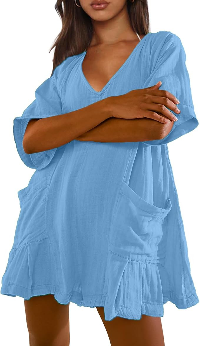 Womens V Neck Oversized Summer Onesie Tee Rompers V Neck Half Sleeve Beach Outfits Overalls With ... | Amazon (US)