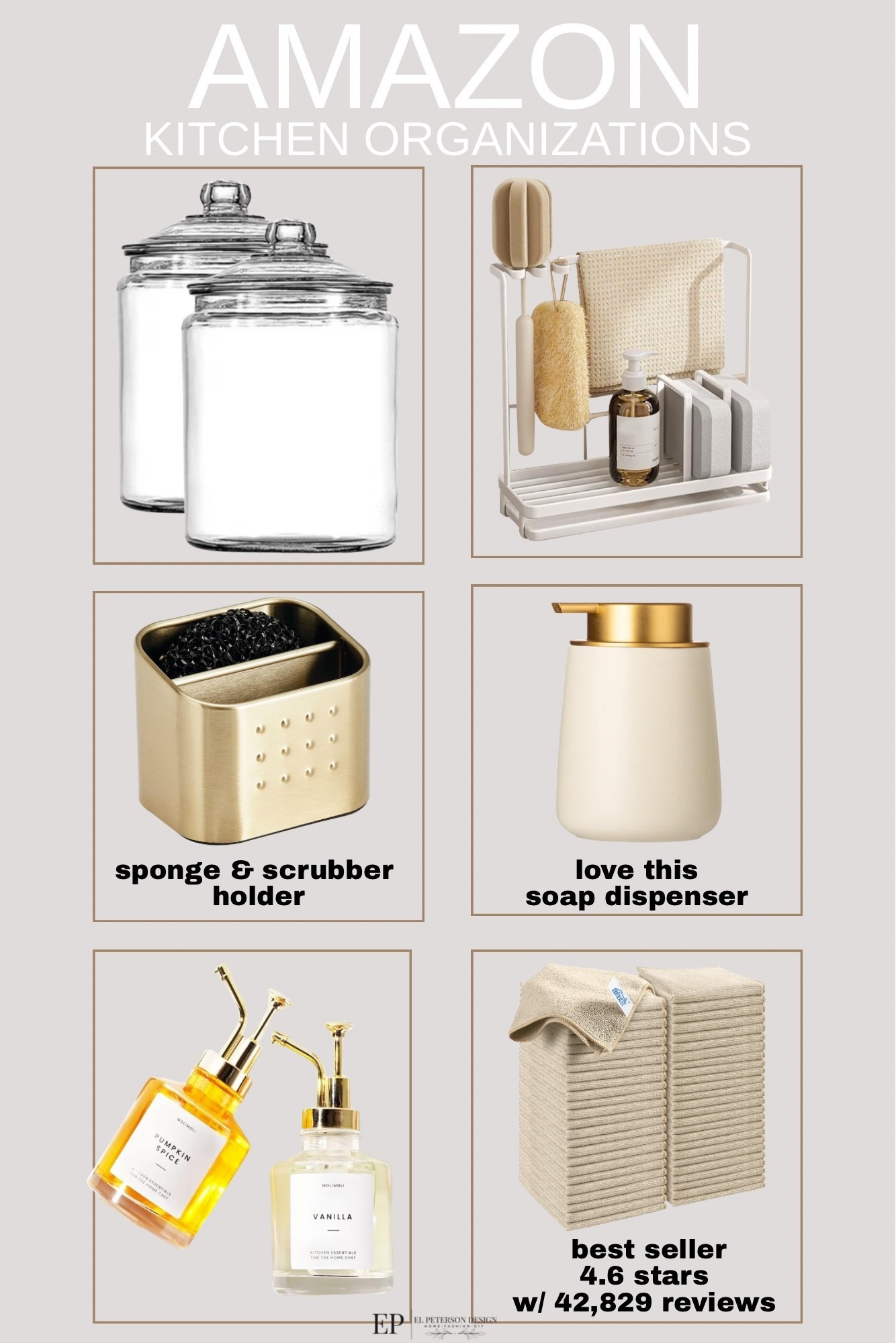 Amazon 
Kitchen organizations 
Apothecary jars
Caddy
Soap dispenser
Sponge holder
Oil and vinegar dispenser 
Microfiber towels 

#LTKFindsUnder100 #LTKHome #LTKSaleAlert