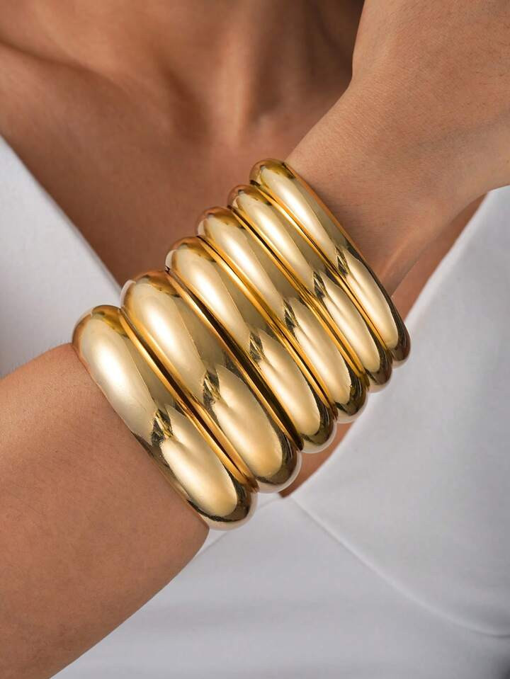 6/3Pcs Chunky Wheels Metal Cuff Bangles Bracelets Set , Women Bracelets Set , Stacked Bangles Jewelry For Women , Chunky Wheels Cuffs Bangle Set | SHEIN