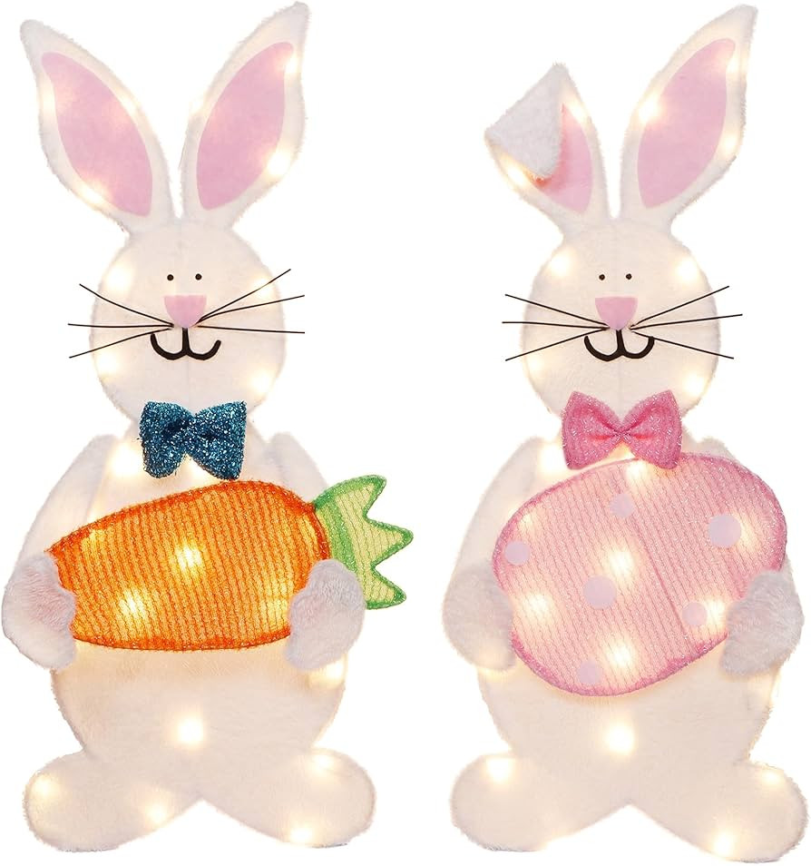 Lighted Easter Bunny Decoration, Pre-lit 2D Plush Rabbit with Carrot and Egg, Easter Decor for In... | Amazon (US)