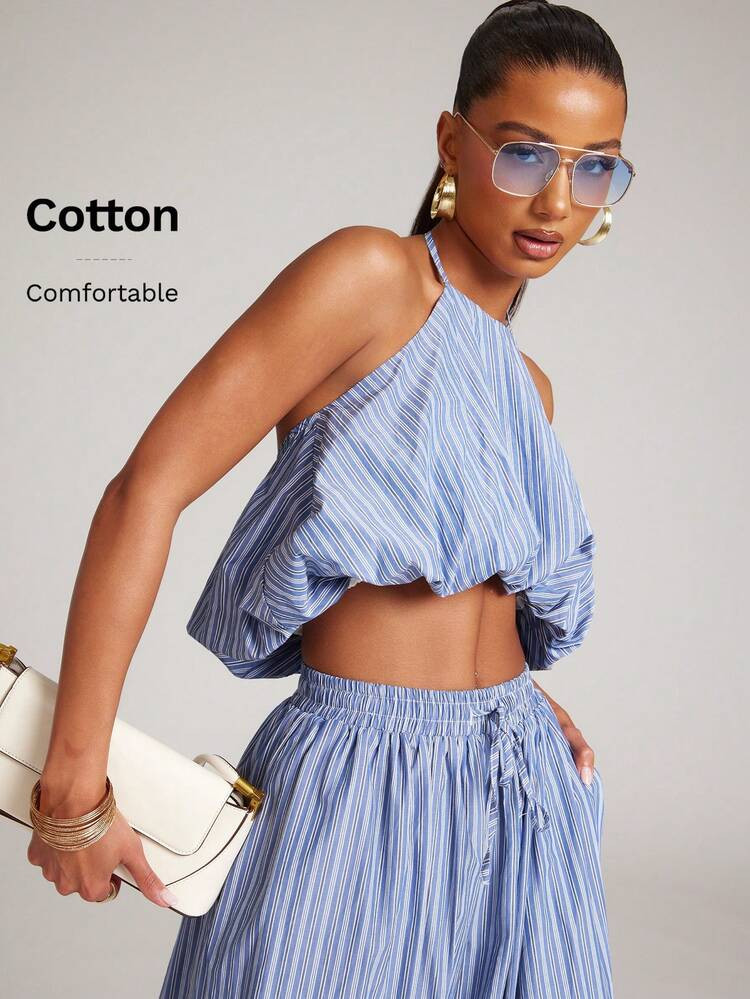 NYA SZN Matching Set Top And Pant Halter Top Balloon Hem Striped Barrel Leg Trouser Jogger Warm W... | SHEIN