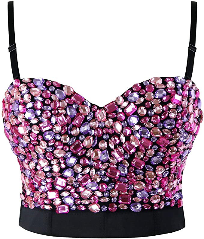 Charmian Women's Colorful Rhinestone Push Up Bra Clubwear Party Bustier Crop Top | Amazon (US)