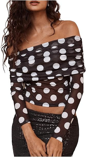 WDIRARA Women's Mesh Polka Dots Off Shoulder Crop Top Ruched Long Sleeve Slim Fit Sheer Tee Shirt | Amazon (US)