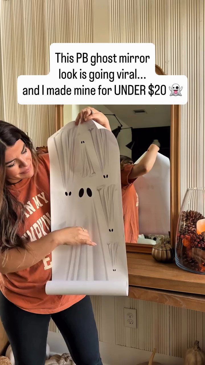 Comment SPOOKY for links!
Who else is obsessed with the Pottery Barn ghost mirror this year?! Ye Instead of spending $$$, I recreated the look with a ghost decal + rechargeable light from Amazon on a mirror I already had! Such an easy DIY and a fraction of the price!