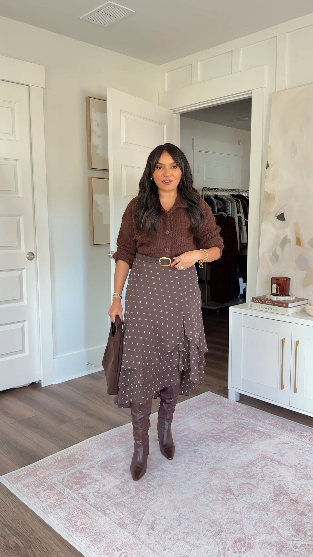 Brown cardigan size xxs TTS
Brown polka dot skirt size xs TTS
Brown spiced pecan boots size 5.5 TTS

#LTKStyleTip #LTKSeasonal #LTKPetite