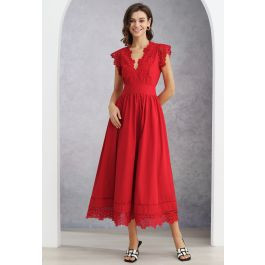 V-Neck Lace Panelled Sleeveless Maxi Dress in Red | Chicwish