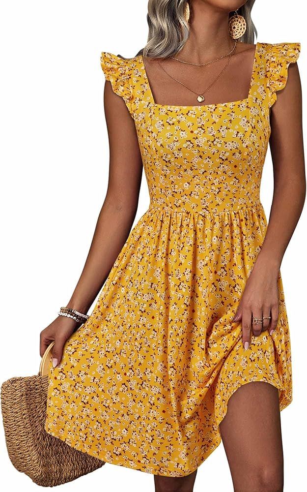 Loemes Summer Casual Cute Floral Flowy Square Neck Sundressses with Pocket Beach Dress for Women ... | Amazon (US)