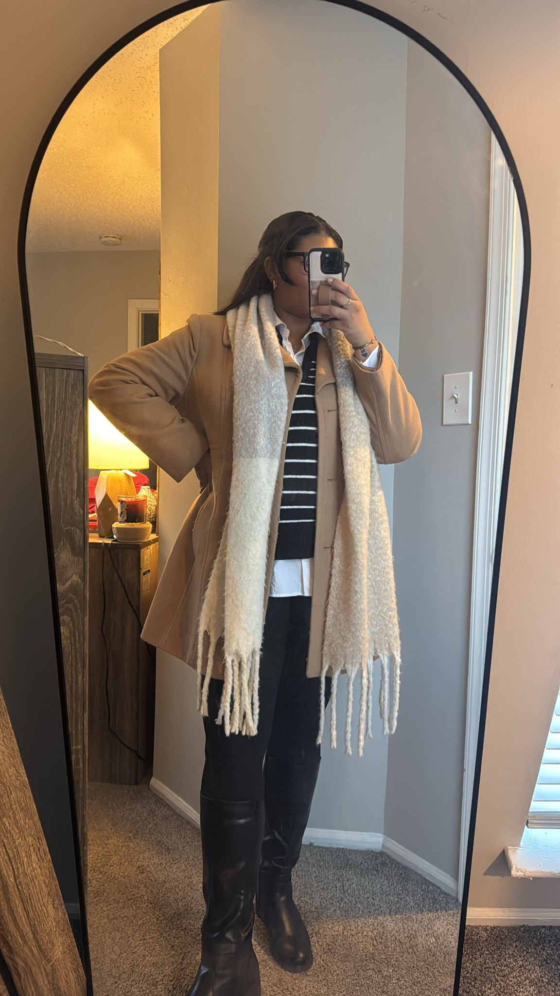 Bundled up and ready for work! ❄️✨ Layers are my best friend this season—this cozy scarf, striped sweater, and camel coat combo keep me warm and chic. Shop my winter workwear essentials on my LTK! #WinterLayers #LTKWorkwear #ColdWeatherStyle

#LTKSeasonal #LTKWorkwear #LTKStyleTip