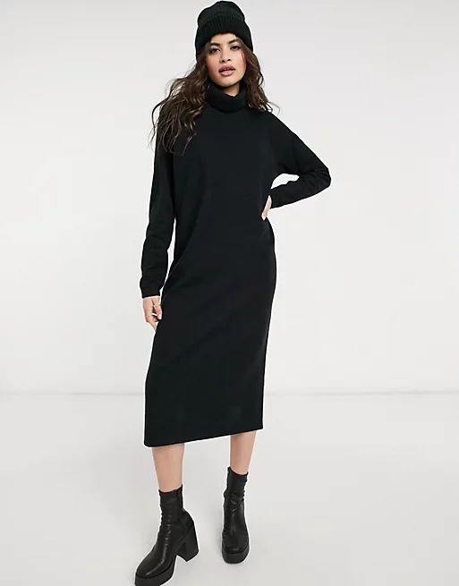 ASOS DESIGN super soft exposed seam sweater midi dress with cowl neck in black | ASOS (Global)