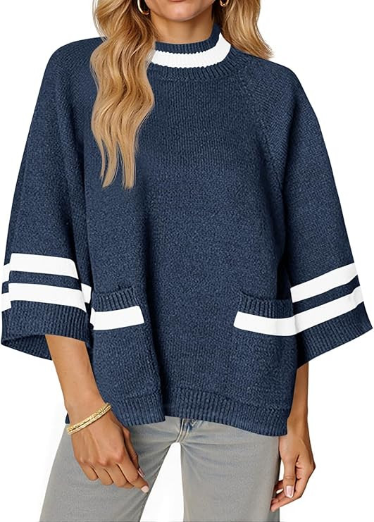 Cicy Bell Womens Oversized Sweater 3/4 Sleeve Mock Neck Color Block Chunky Knit Sweaters Casual F... | Amazon (US)