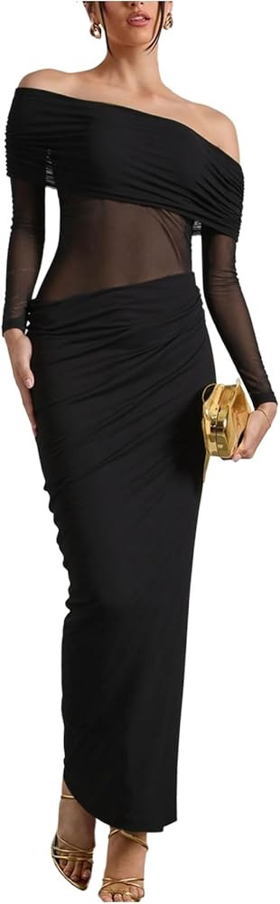 Milumia Women's Off The Shoulder Mesh Maxi Dress Sexy Sheer Long Sleeve Ruched Bodycon Cocktail P... | Amazon (US)