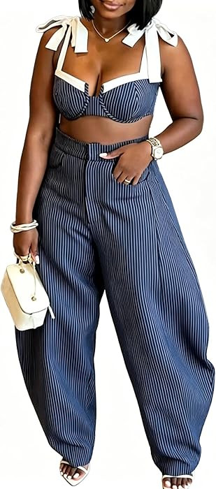 Travel Outfits for Women 2 Piece Sets Sexy Trendy Bow Tie Shoulder Strap Crop Top and Wide Leg Pa... | Amazon (US)