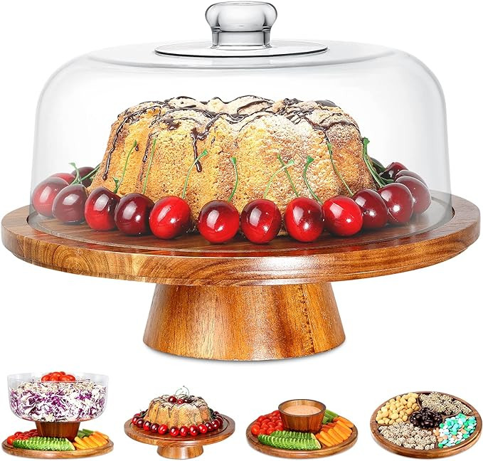 Homeries Acacia Wood Cake Stand with Lid, Cake Plate, (6 in 1) Multi-Functional Serving Platter, ... | Amazon (US)