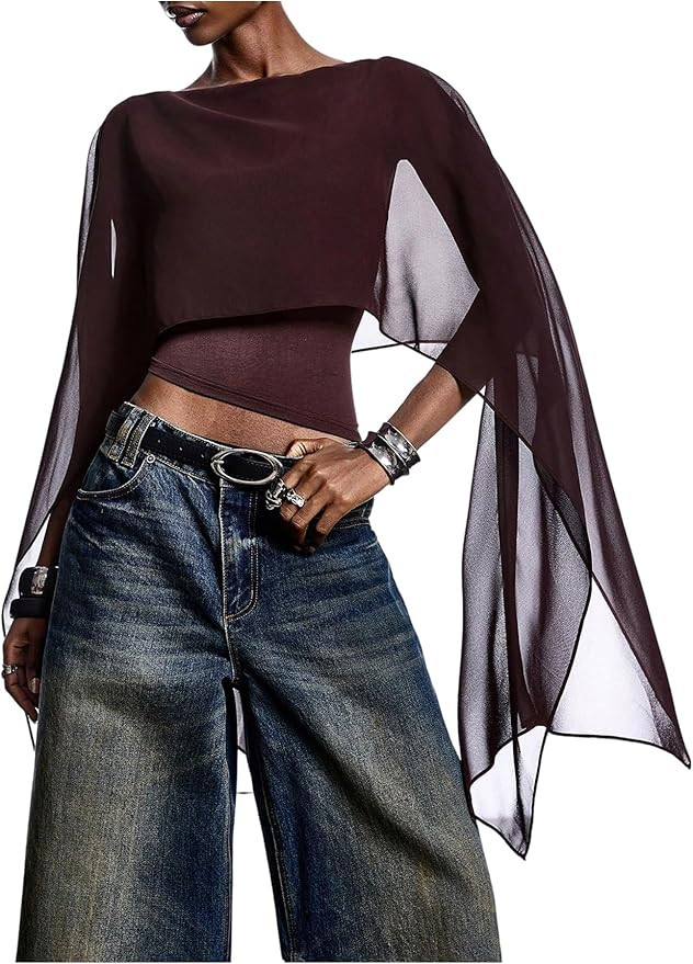 SOLY HUX Women's Y2k Poncho Top Boat Neck Long Sleeve Sheer Flowy Cape Going Out Crop Tops | Amazon (US)