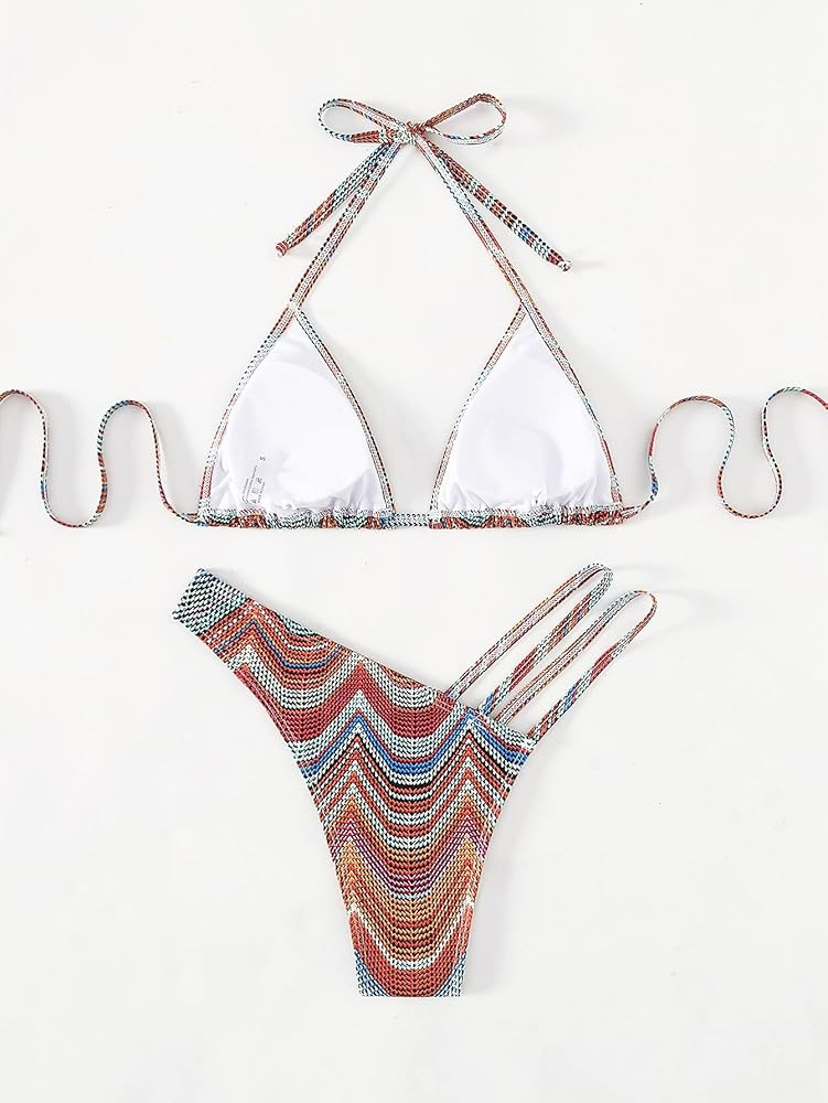SHENHE Women's 2 Piece Striped Triangle Bikini Sets High Cut Halter Swimsuit Bathing Suit | Amazon (US)