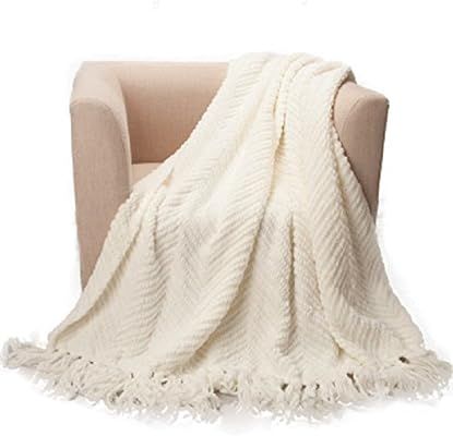 Battilo Knit Zig-Zag Textured Woven Throw Blanket, 60" L x 50" W, White | Amazon (US)