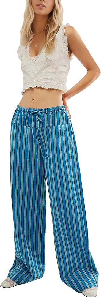 Women Drawstring Stripe Wide Leg Casual Trousers Striped Low Rise Casual Loose Lounge Pants with ... | Amazon (US)