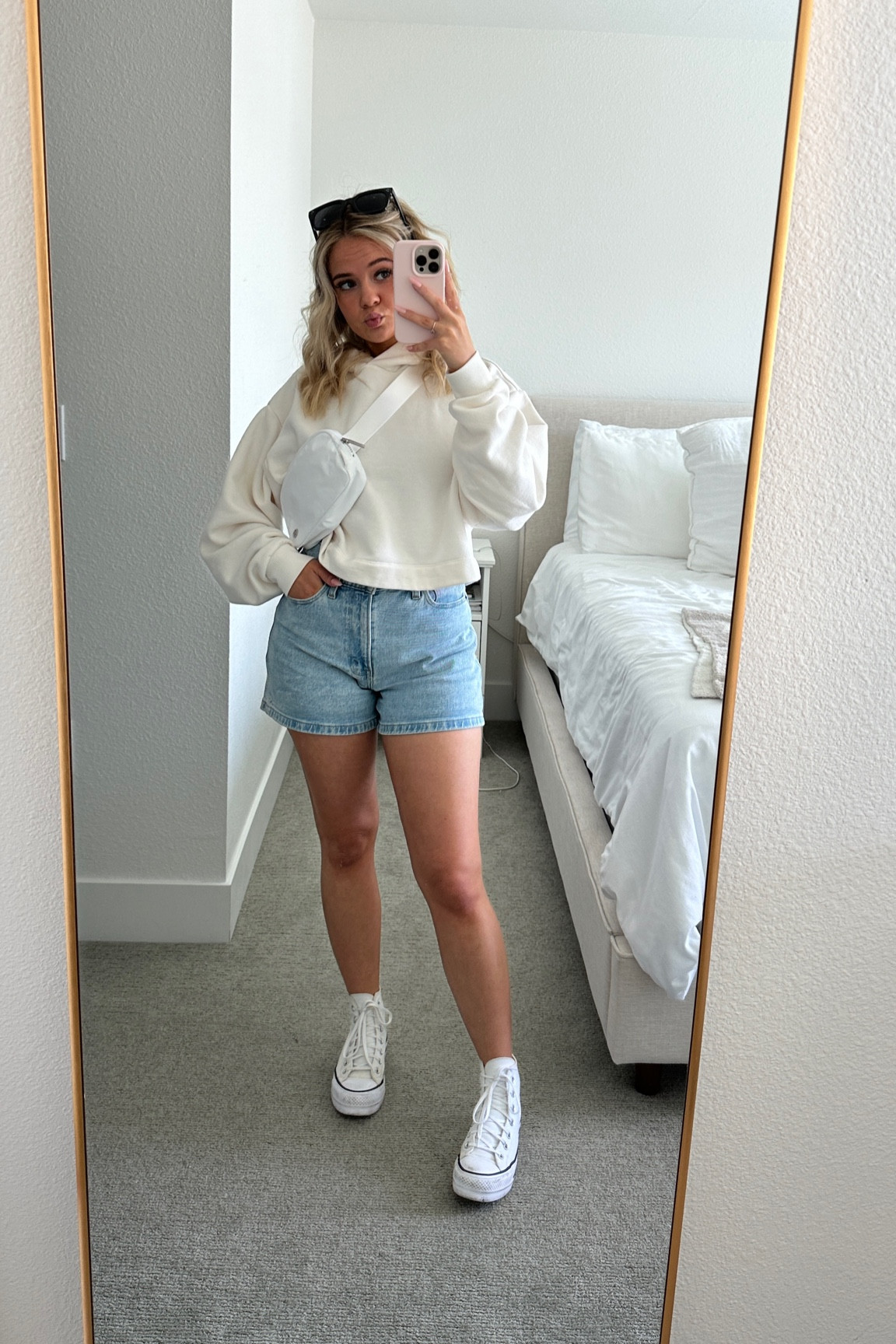 casual summer outfit! easy for out and about when the weather is changing 🤍 walked 7 miles in this and it was perfect! xs in sweatshirt and 24 curve love in medium wash shorts 

abercrombie shorts | mom shorts | alo hoodie | neutral spring style | neutral summer style | 

#LTKItBag #LTKFindsUnder100 #LTKStyleTip