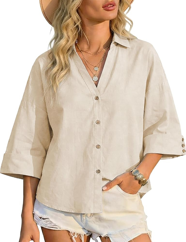 Watashi Women Button Down Shirt Casual Loose Fit Wide 3/4 Sleeve Poplin Shirts Collared Office Wo... | Amazon (US)