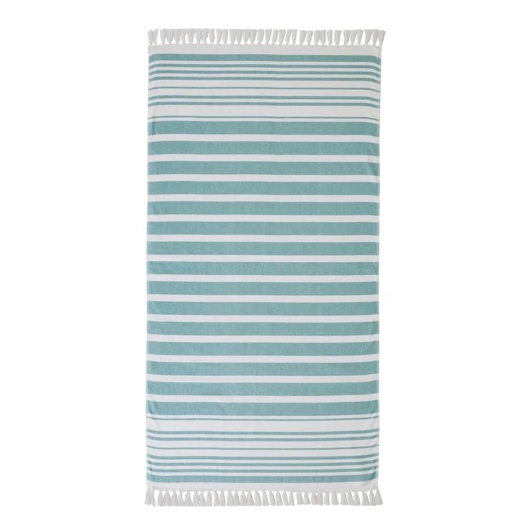 Better Homes & Gardens Oversized Flatwoven Cotton Blend Green Striped Flatwoven Beach Towel, 38" ... | Walmart (US)