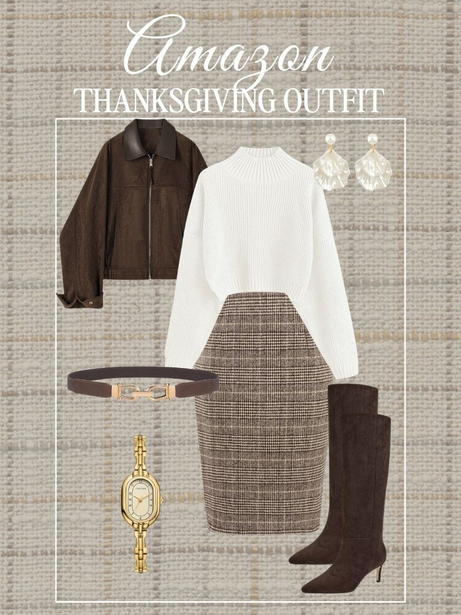 
Shop this Amazon Thanksgiving outfit ! Sweater plaid skirt, jacket, earrings, gold watch, belt, tall brown boots, Amazon fashion, fall fashion

#LTKStyleTip #LTKFindsUnder50 #LTKSaleAlert