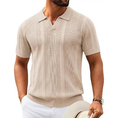 COOFANDY Mens Knit Polo Shirts V Neck Textured Polo Shirts Short Sleeve Breathable Polo Casual Collared T Shirt Fashion Tops Champagne L | Target