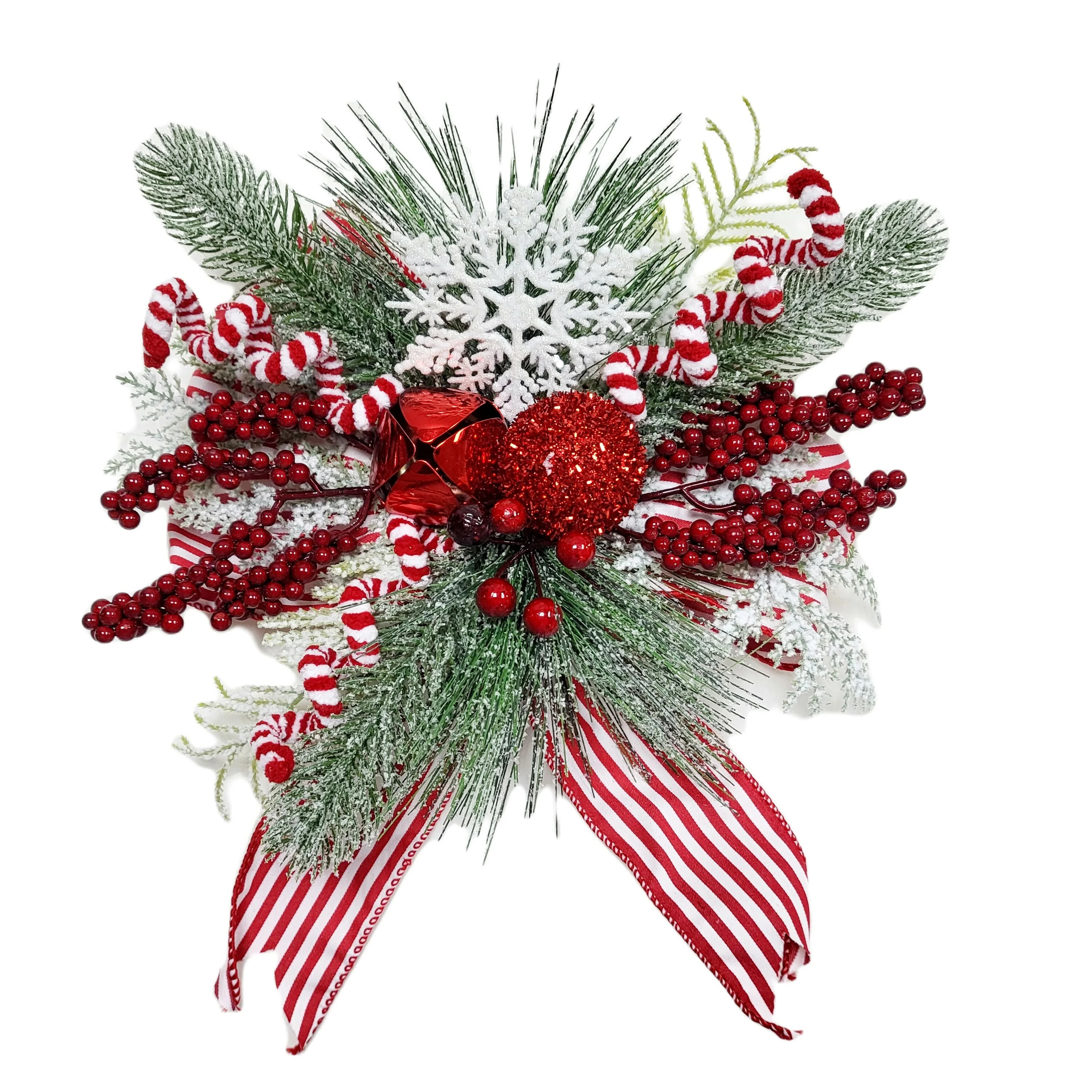 Berries and Peppermint Floral Bow with Snowflake Christmas Decor, Multicolor, 13", by Holiday Tim... | Walmart (US)