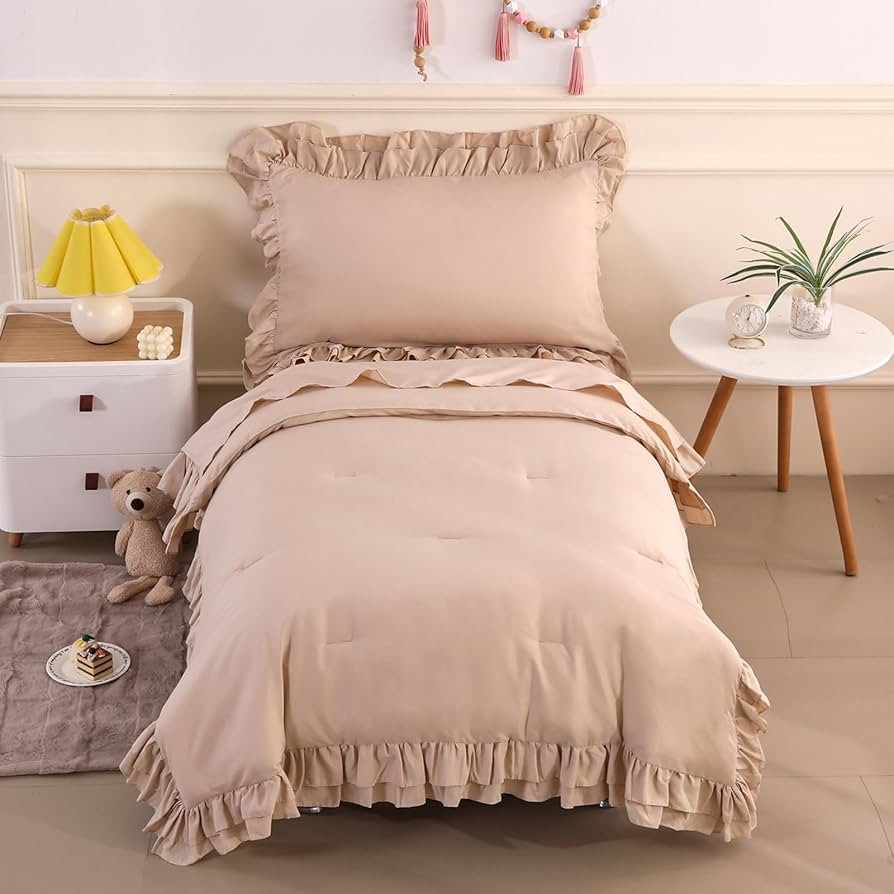 Wowelife 4 Pieces Toddler Bedding Sets for Girls Boys Beige Toddler Bed Set Double Ruffles Boho B... | Amazon (US)