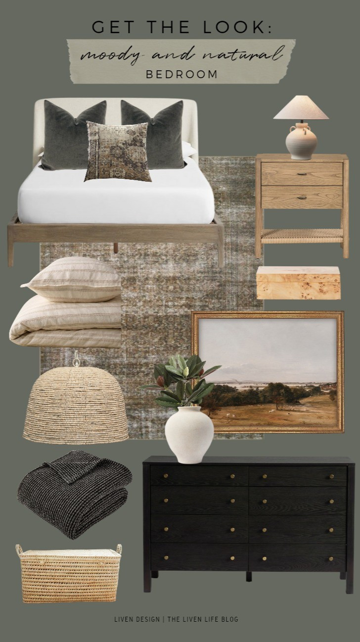 Moody natural bedroom. Home decor. Ceramic lamp. Side table. Nightstand. Distressed rug. Throw pillows. Wood side table. Duvet

#LTKSeasonal #LTKHome #LTKSaleAlert
